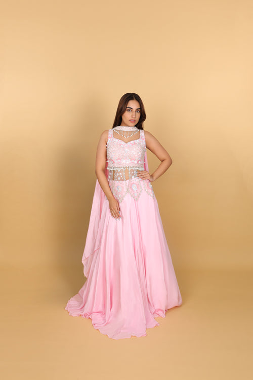 Baby-pink Indo-Western lehenga with peplum top and necklace-style dupatta