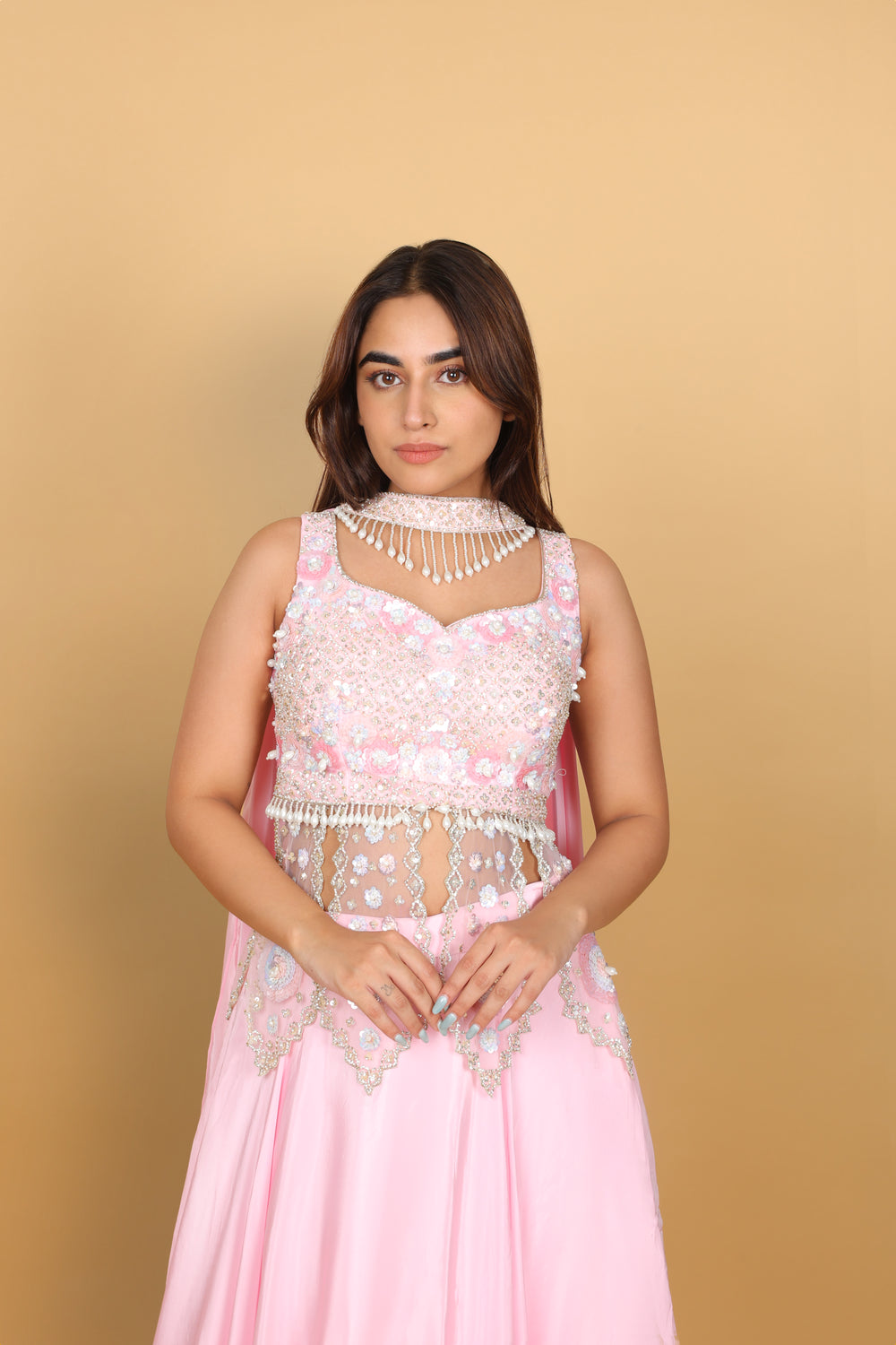 Baby Pink Peplum Lehenga with Necklace Dupatta