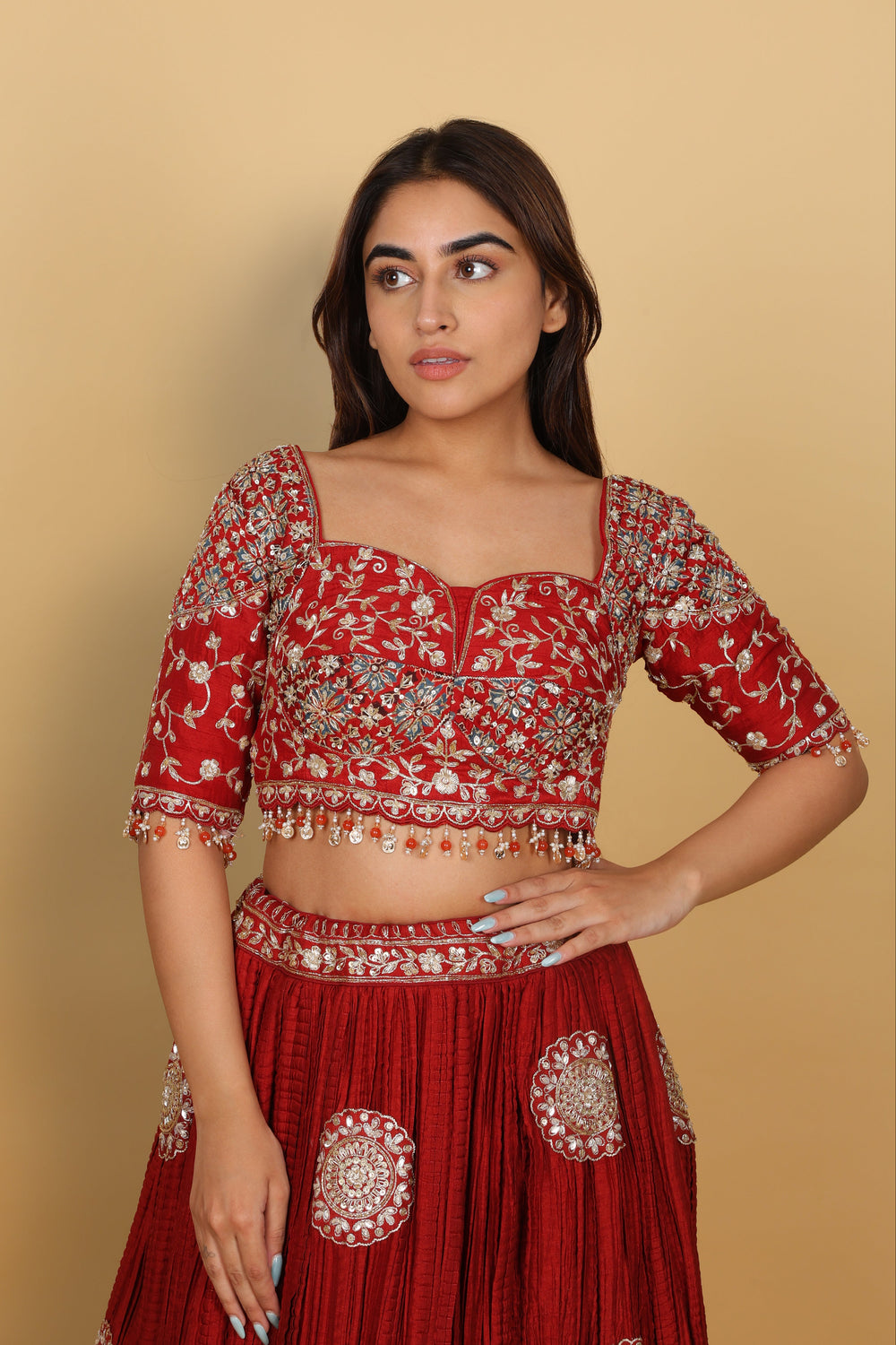 Maroon Crushed Lehenga with Blouse & Dupatta