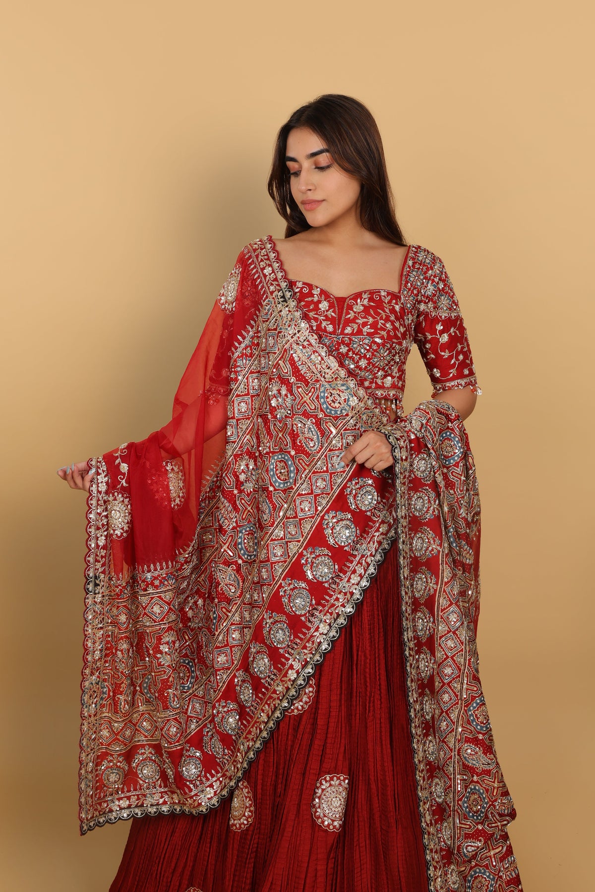 Maroon Crushed Lehenga with Blouse & Dupatta