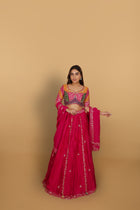 Magenta/Rani lehenga with a heavily worked multicoloured blouse and dupatta