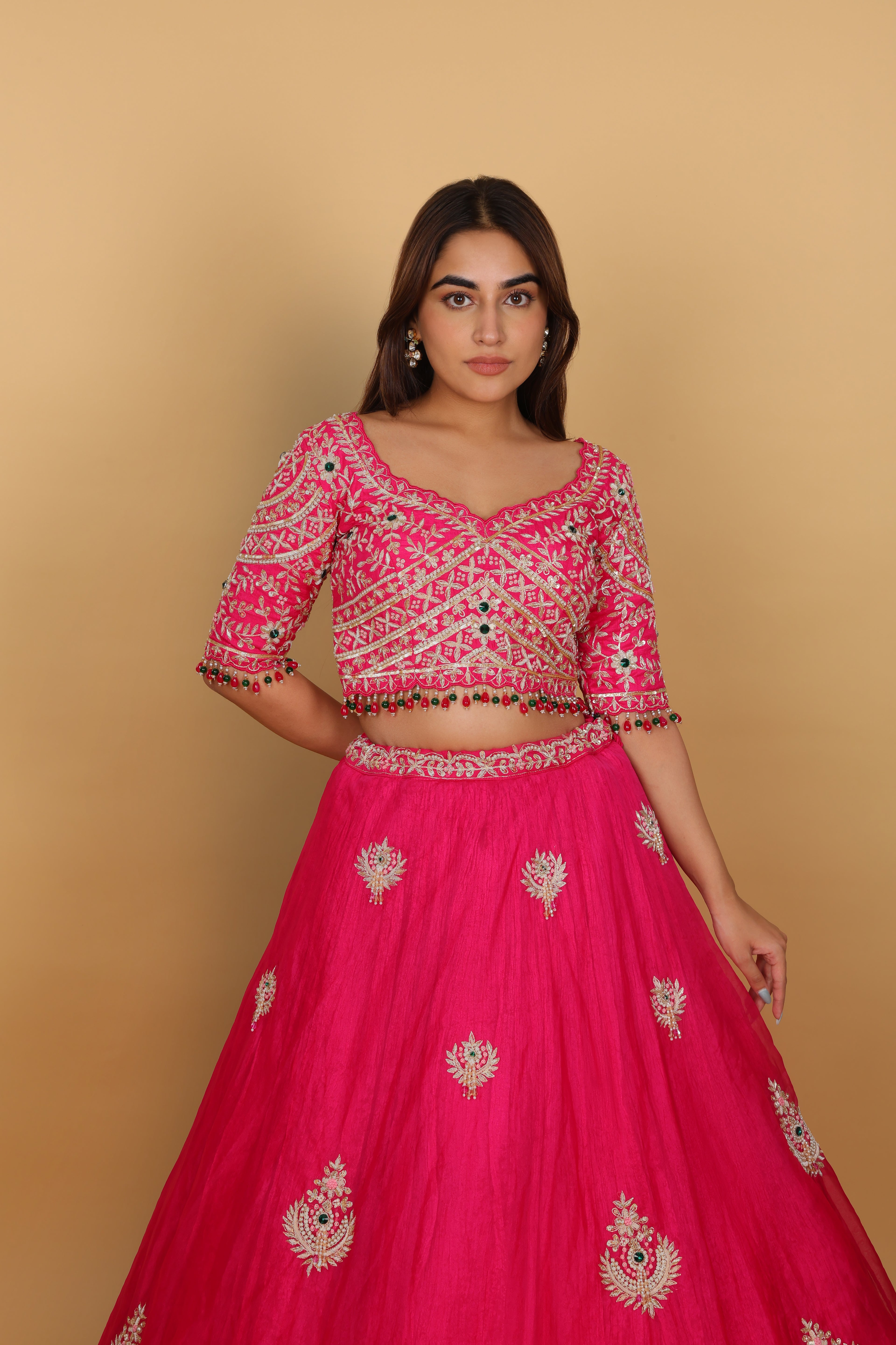 Rani umbrella lehenga with embellished blouse and hanging bead details