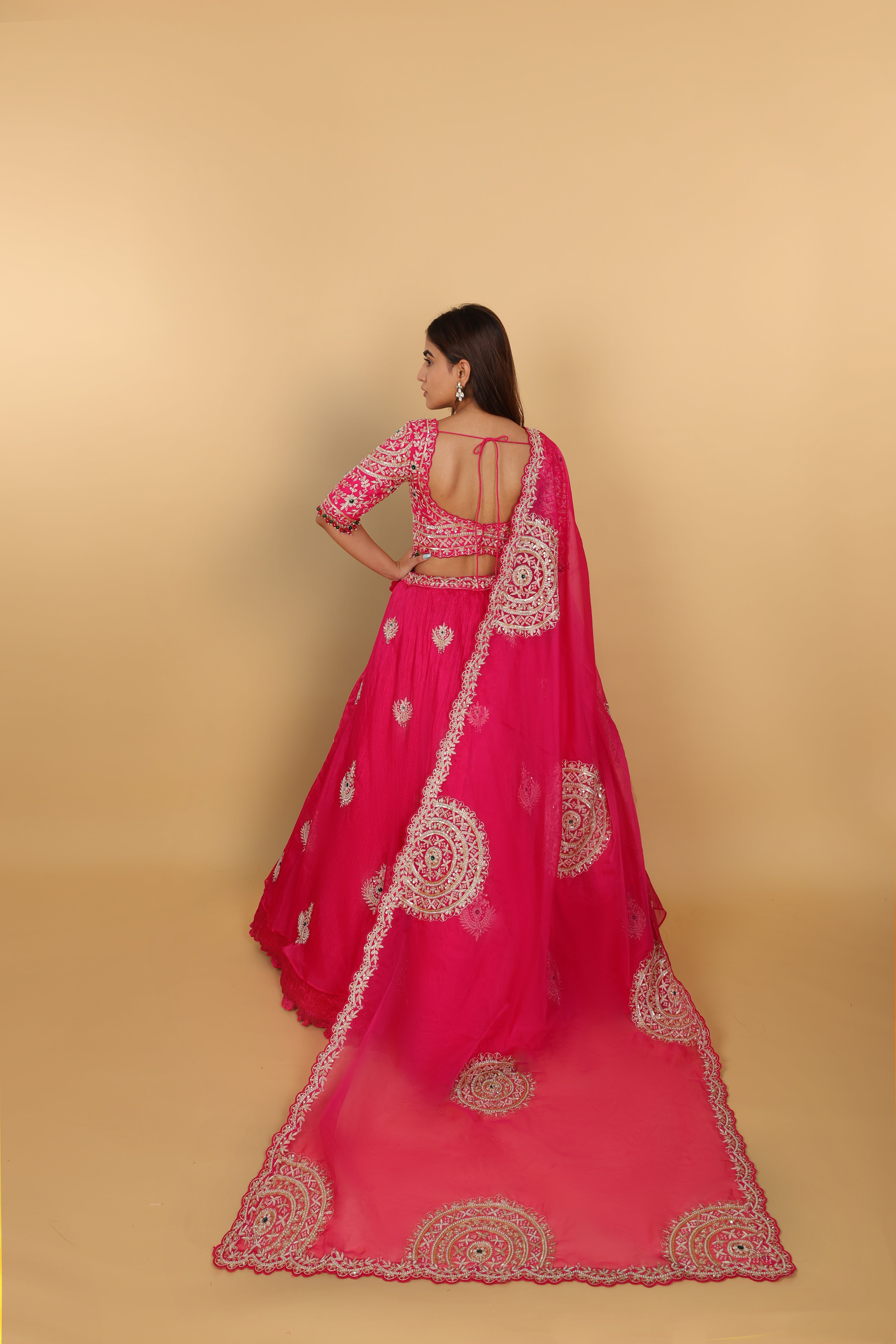 Rani umbrella lehenga with embellished blouse and hanging bead details