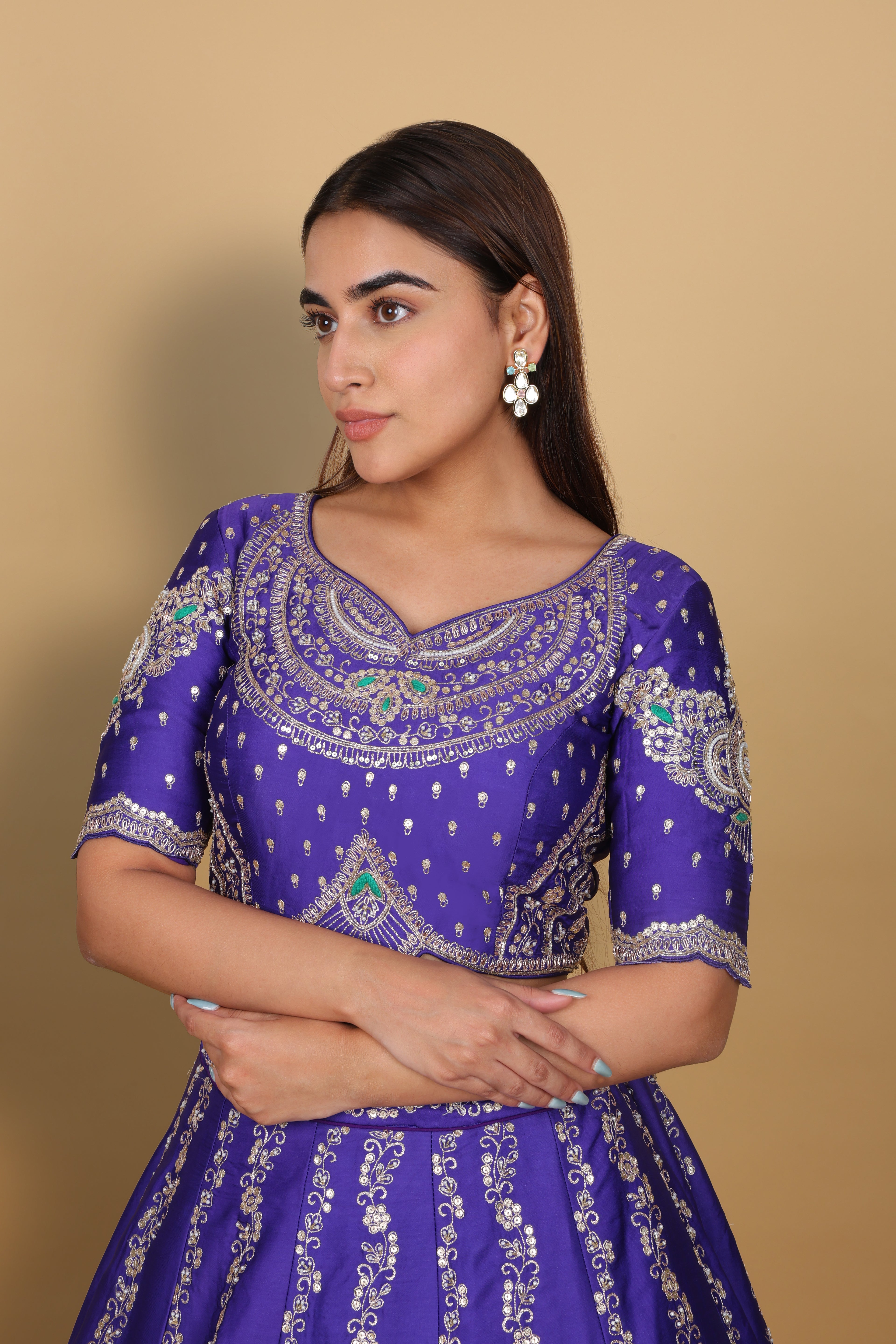 Blue Lehenga with Green Dupatta & Kali Pattern Blouse