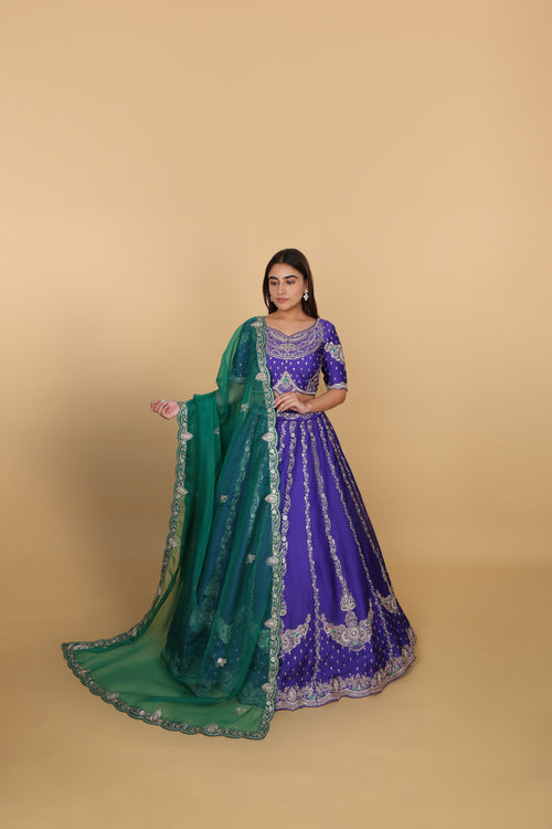 Blue Lehenga with Green Dupatta & Kali Pattern Blouse