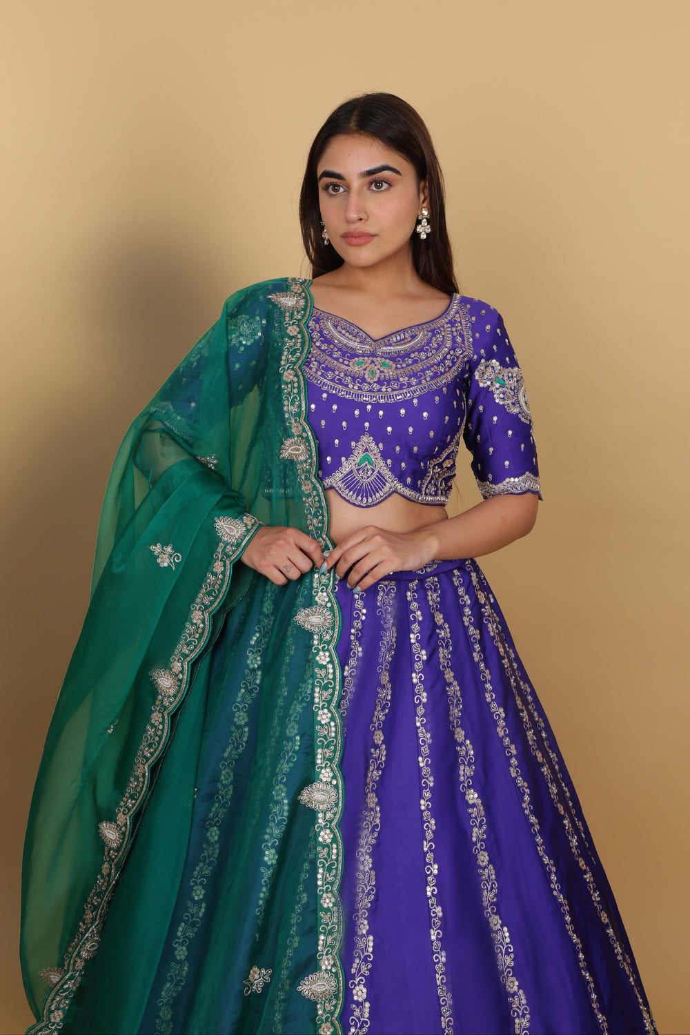 Blue Lehenga with Green Dupatta & Kali Pattern Blouse