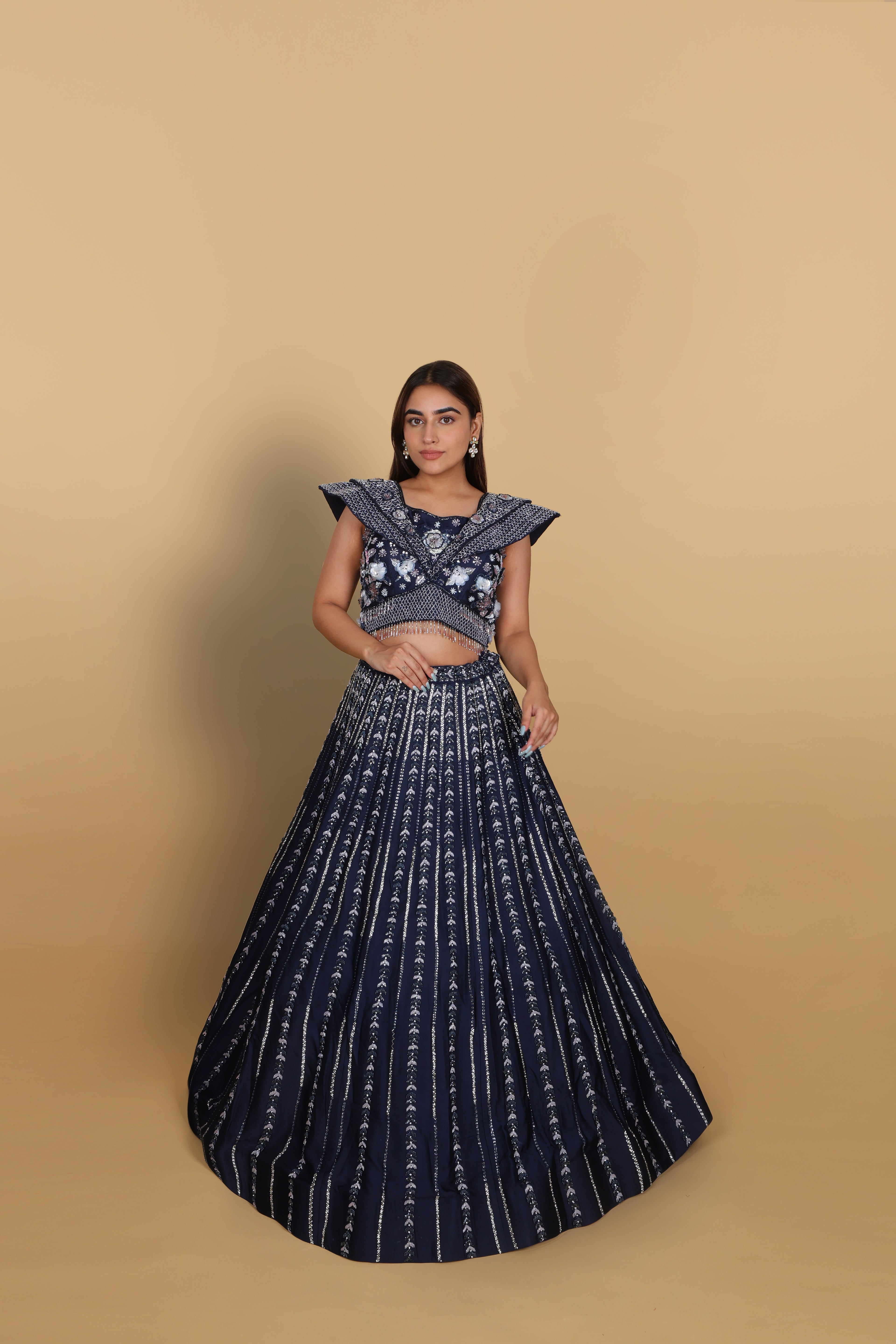 Blue Lehenga with Off-Shoulder Blouse and Soft-Net Tail