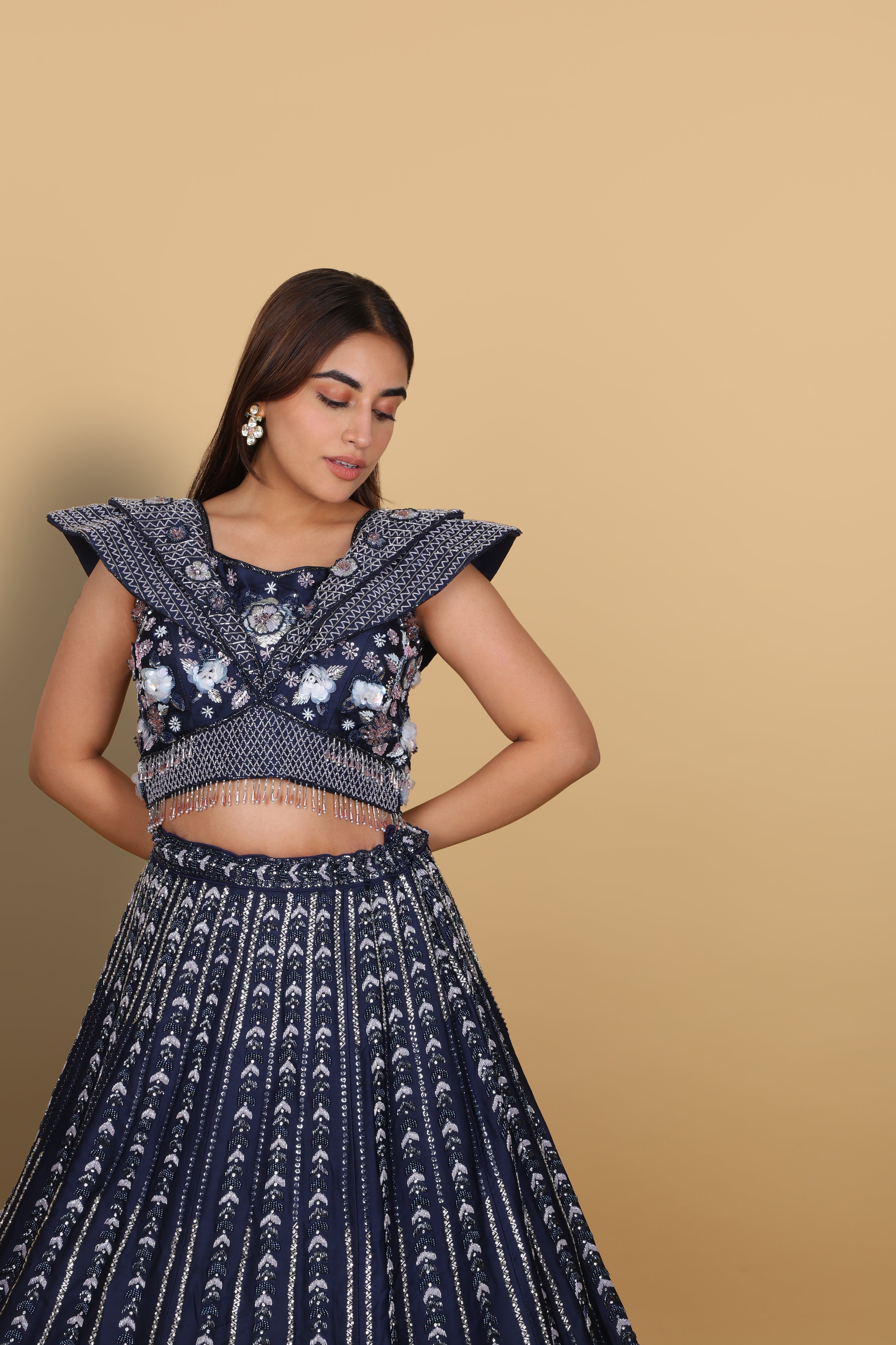 Blue Lehenga with Off-Shoulder Blouse and Soft-Net Tail