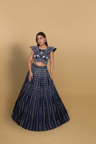 Blue Lehenga with Off-Shoulder Blouse and Soft-Net Tail