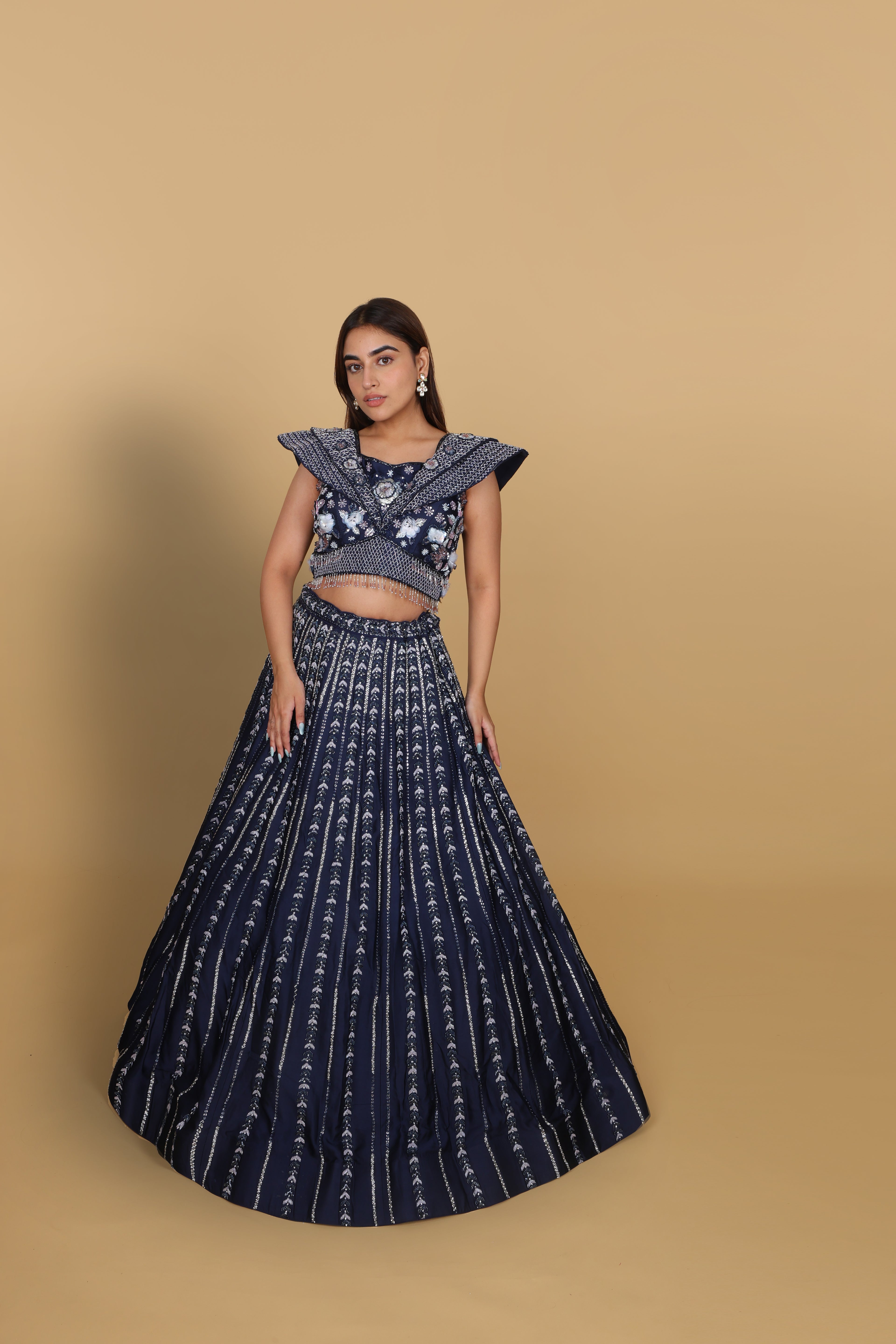 Blue Lehenga with Off-Shoulder Blouse and Soft-Net Tail