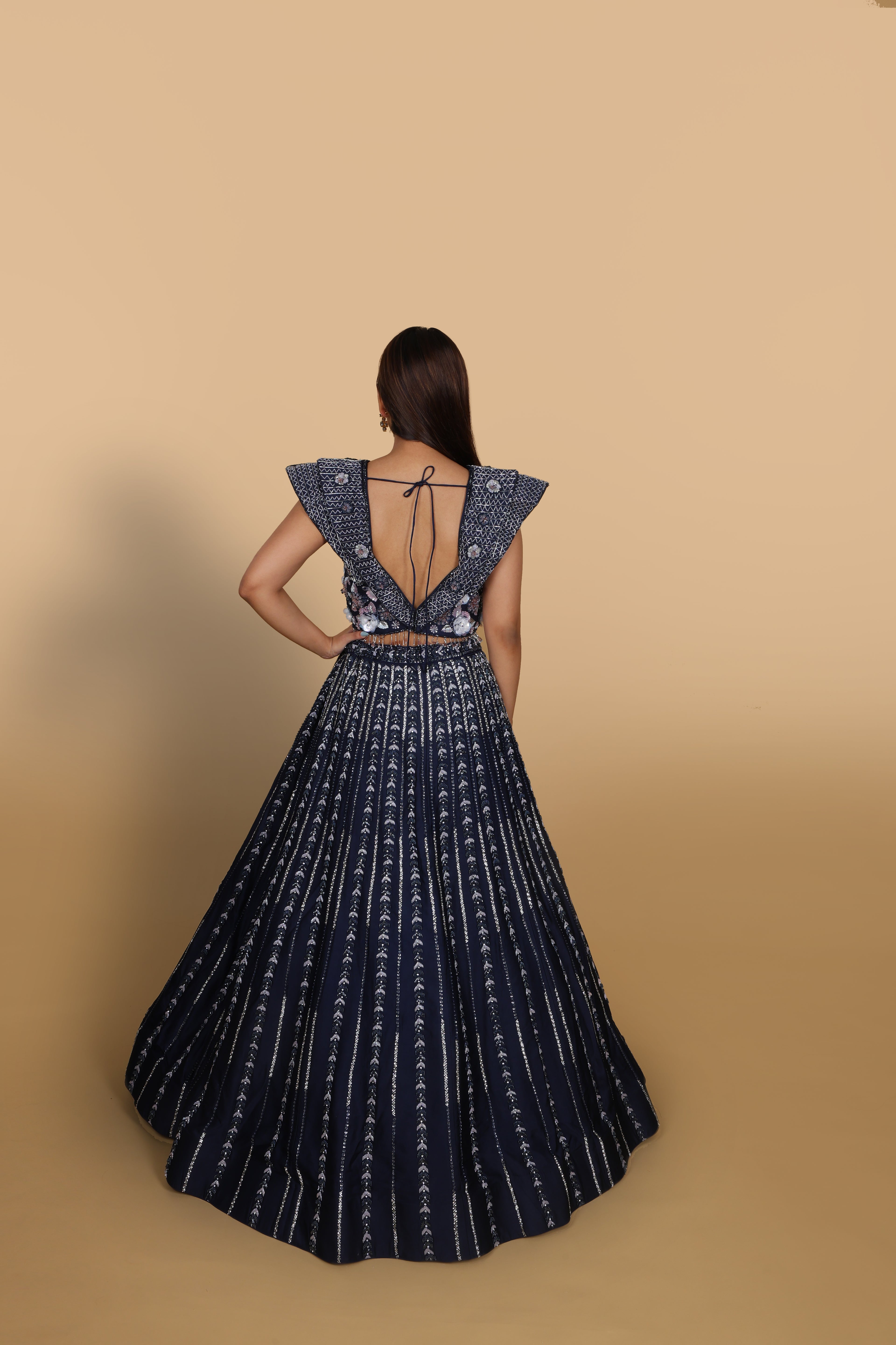 Blue Lehenga with Off-Shoulder Blouse and Soft-Net Tail
