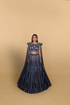 Blue Lehenga with Off-Shoulder Blouse and Soft-Net Tail