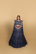 Blue Lehenga with Off-Shoulder Blouse and Soft-Net Tail