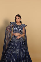 Blue Lehenga with Off-Shoulder Blouse and Soft-Net Tail