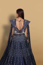 Blue Lehenga with Off-Shoulder Blouse and Soft-Net Tail
