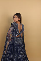 Blue Lehenga with Off-Shoulder Blouse and Soft-Net Tail