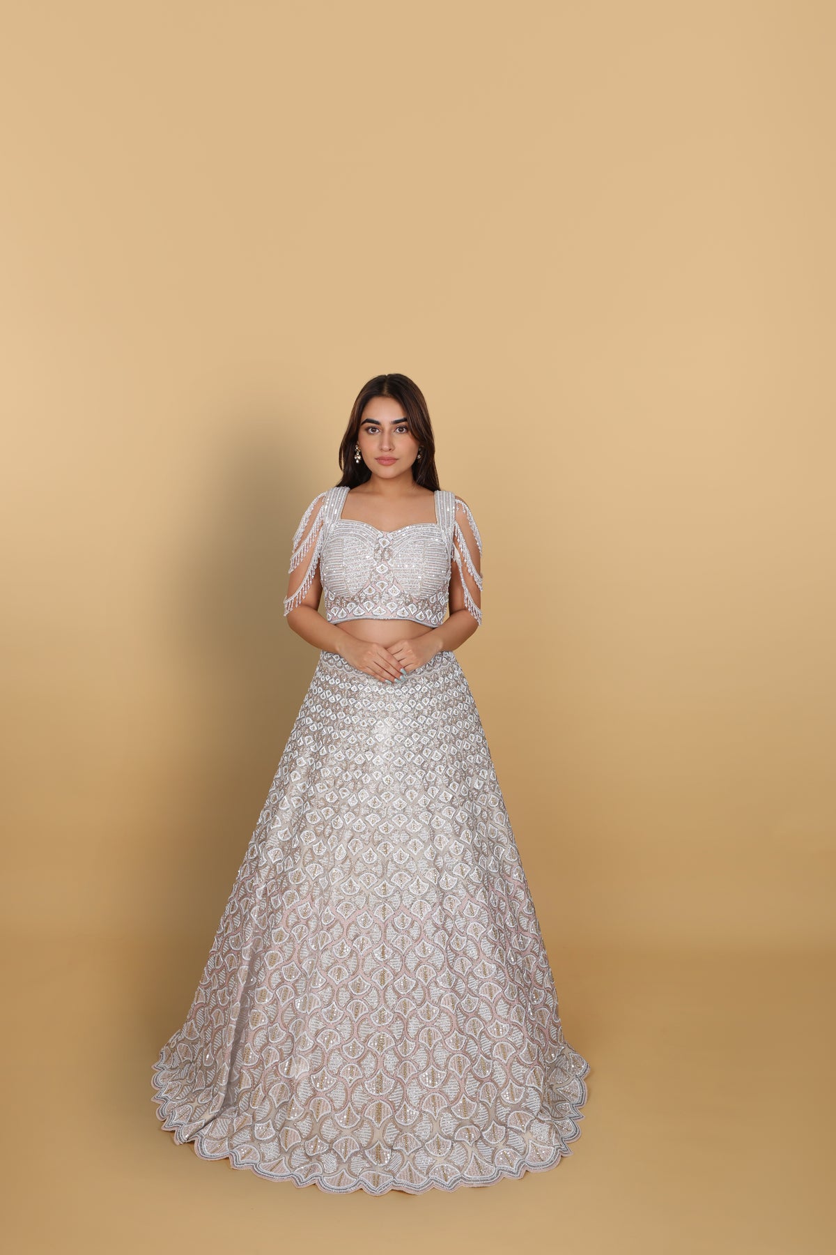 Ivory lehenga kali concept, spaghetti blouse with dolls self-on-self