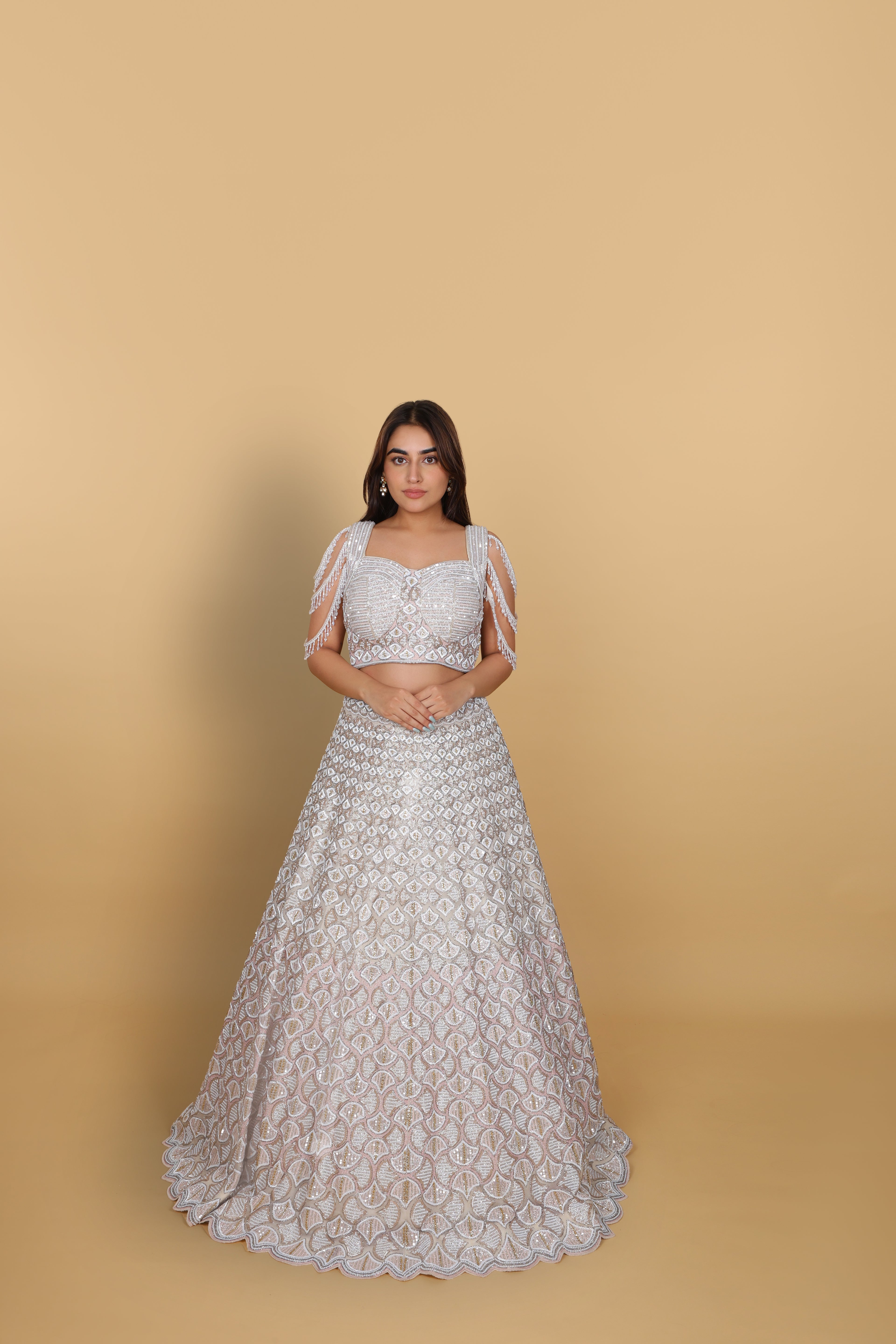 Ivory lehenga kali concept, spaghetti blouse with dolls self-on-self
