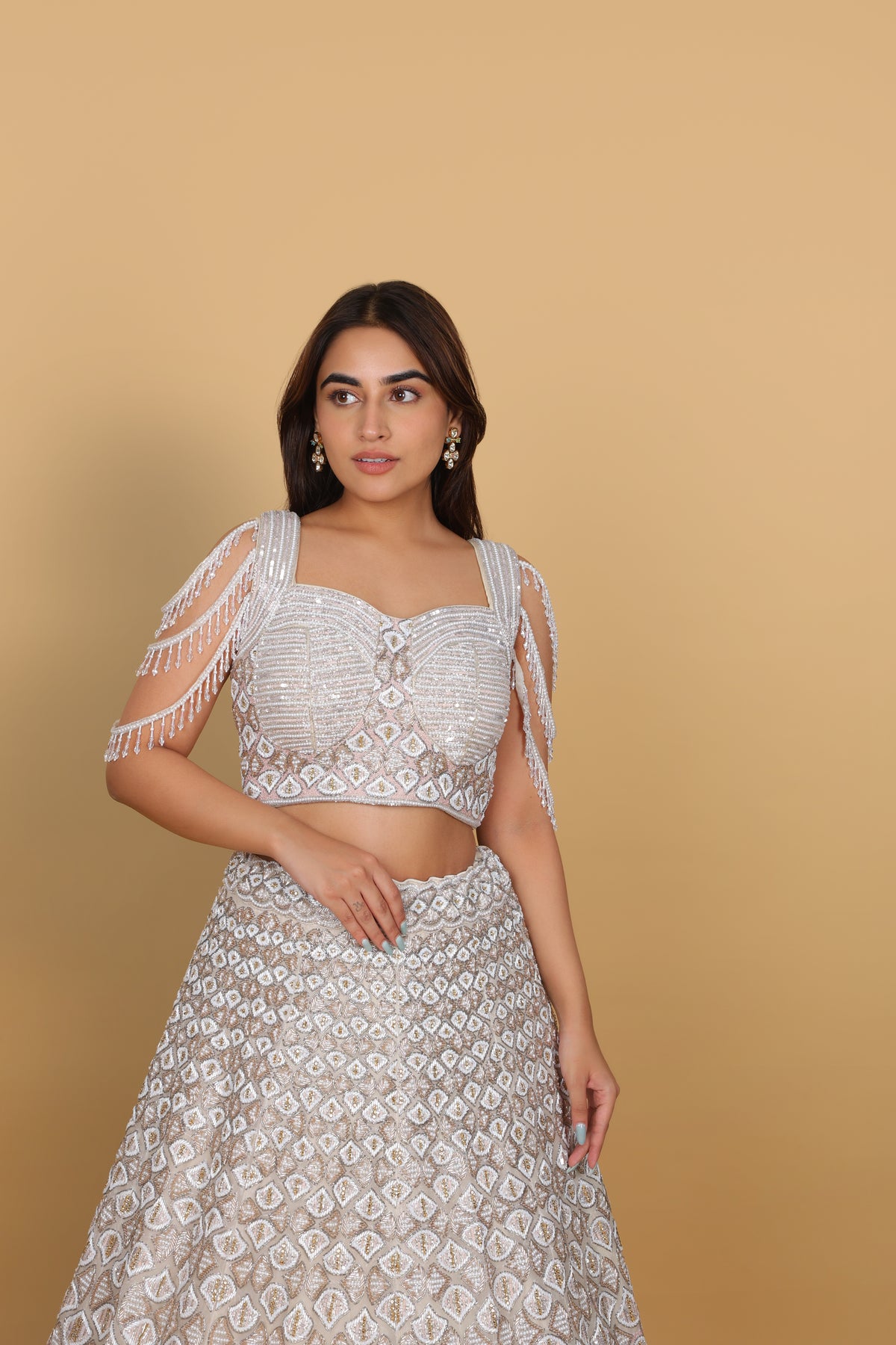 Ivory lehenga kali concept, spaghetti blouse with dolls self-on-self