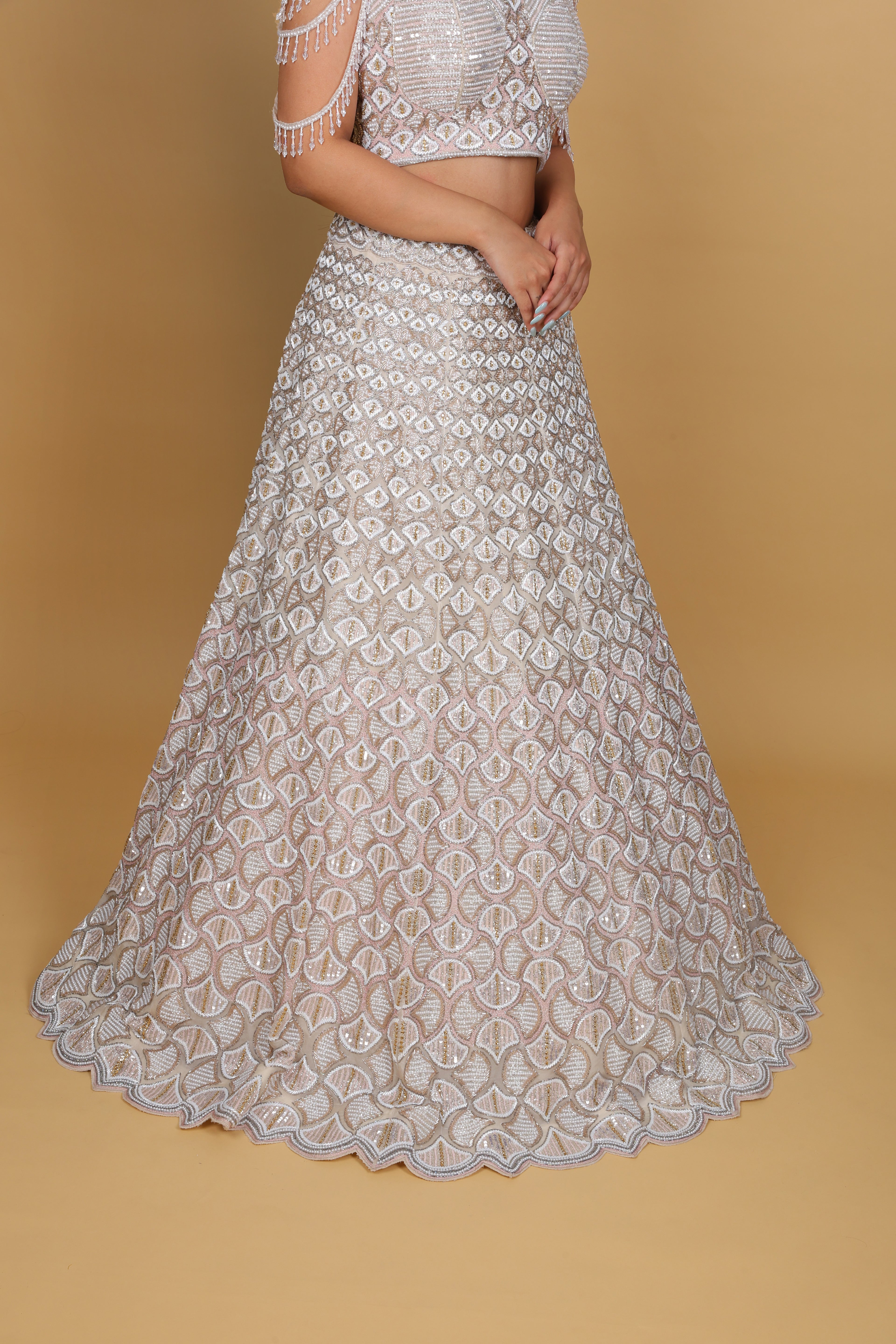 Ivory lehenga kali concept, spaghetti blouse with dolls self-on-self