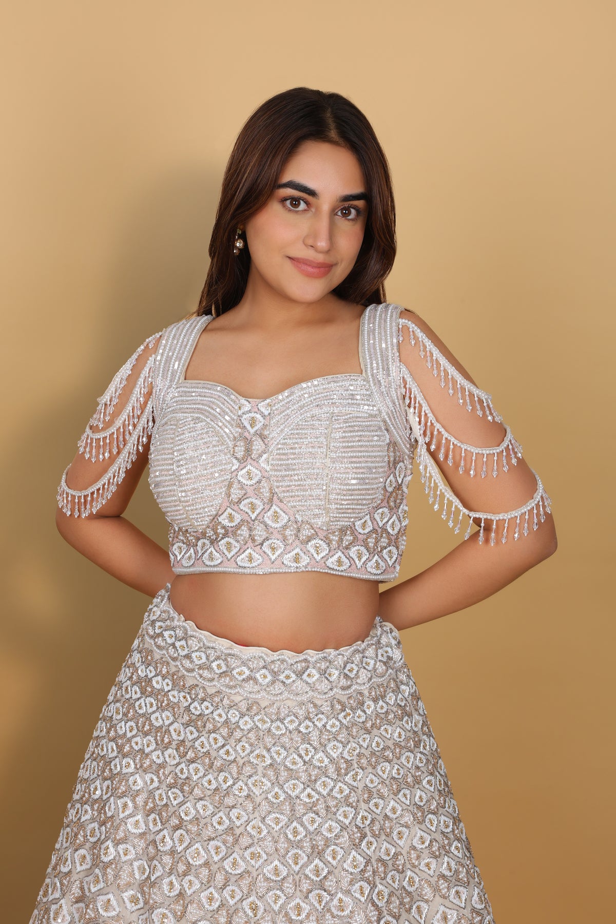 Ivory lehenga kali concept, spaghetti blouse with dolls self-on-self