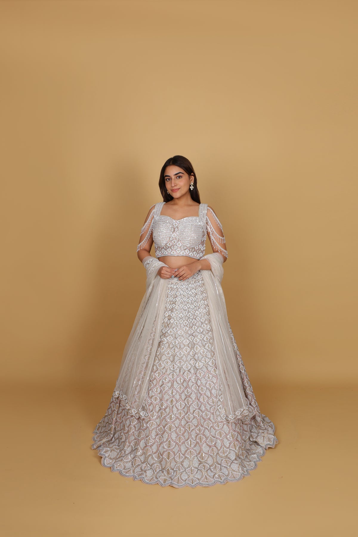 Ivory lehenga kali concept, spaghetti blouse with dolls self-on-self