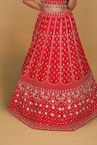 Red lehenga Sabyasachi-cut blouse, two dupattas (self and contrast)