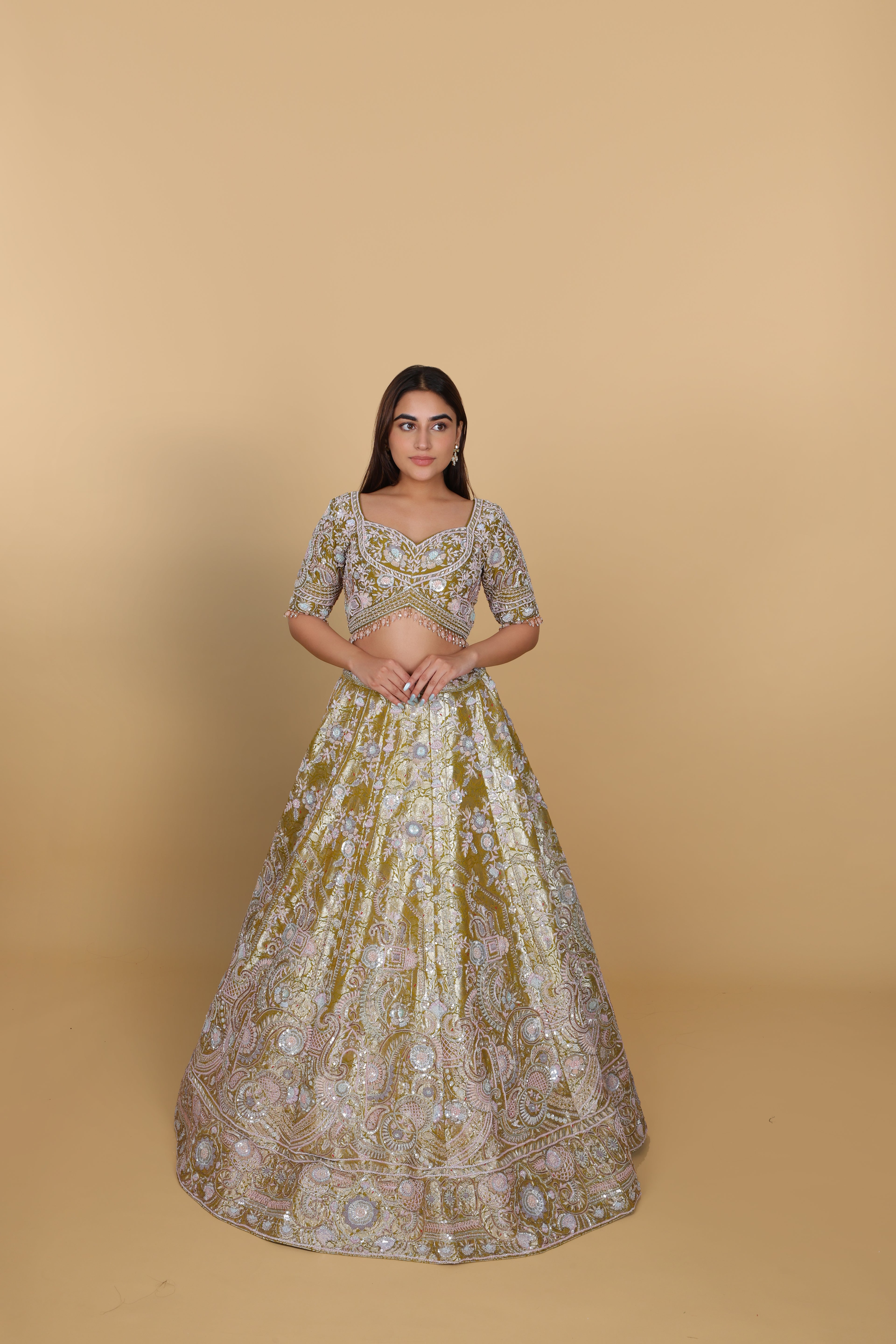 Mehendi green lehenga kali, Sabyasachi-cut blouse