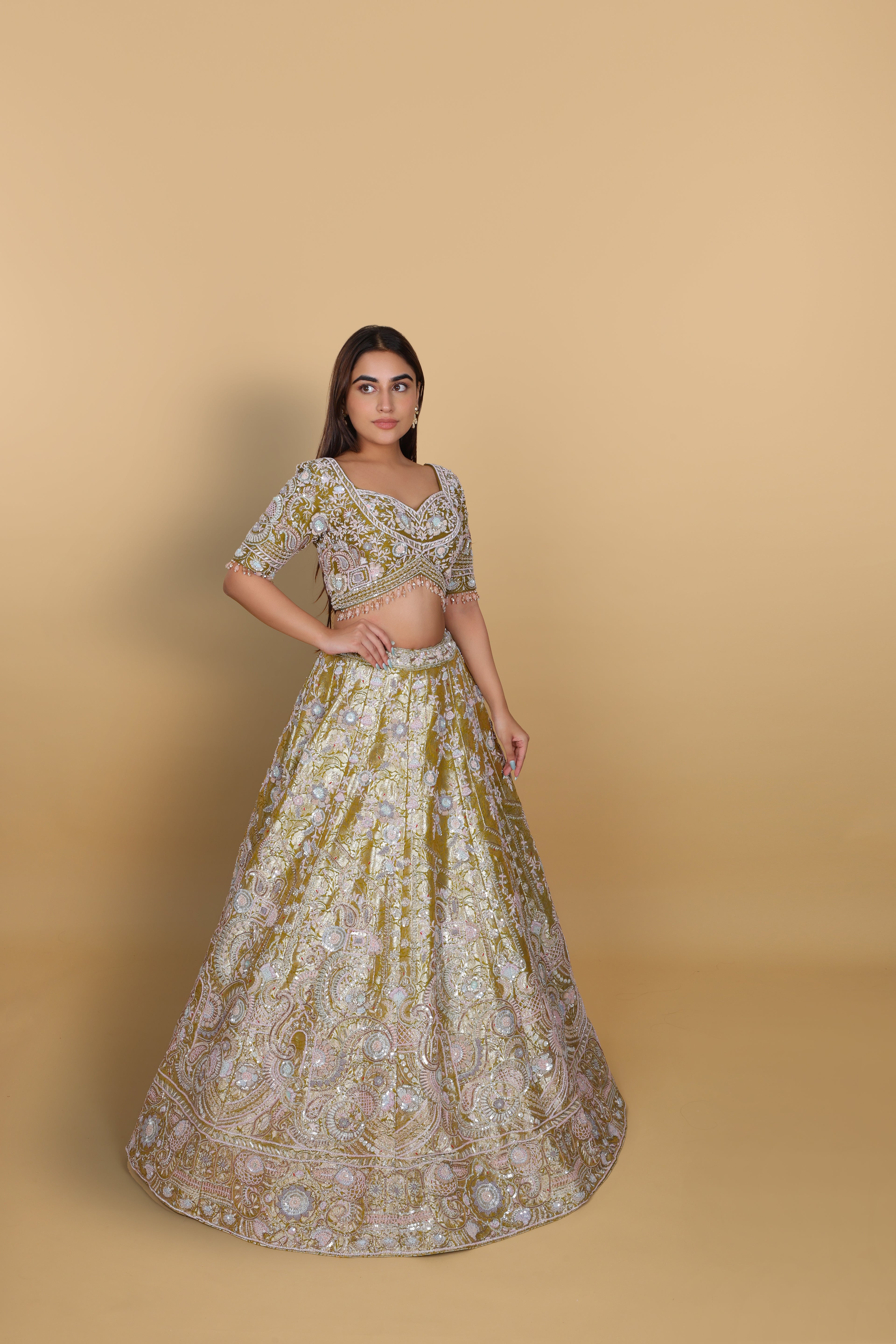 Mehendi green lehenga kali, Sabyasachi-cut blouse