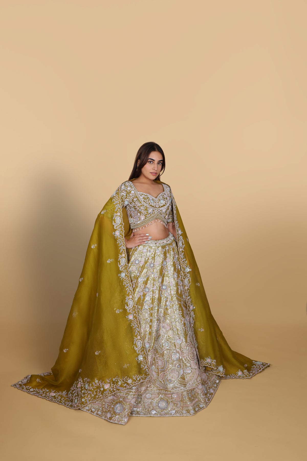 Mehendi green lehenga kali, Sabyasachi-cut blouse
