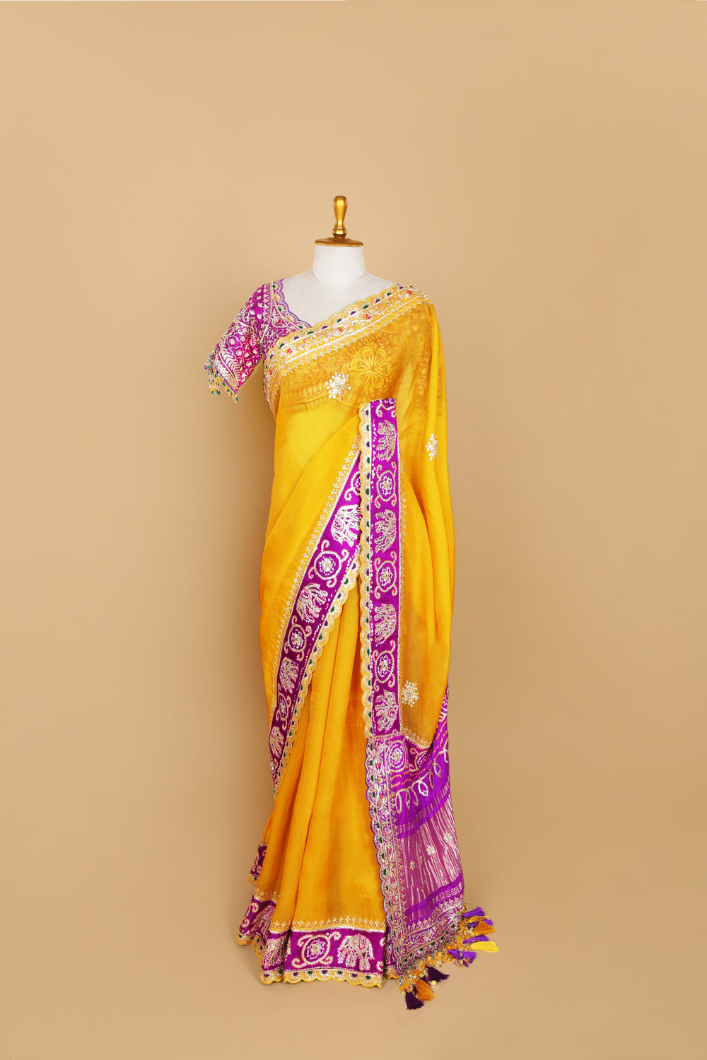 Purple Organza Saree with Gharchola Pallu and Pre-Stitched Blouse