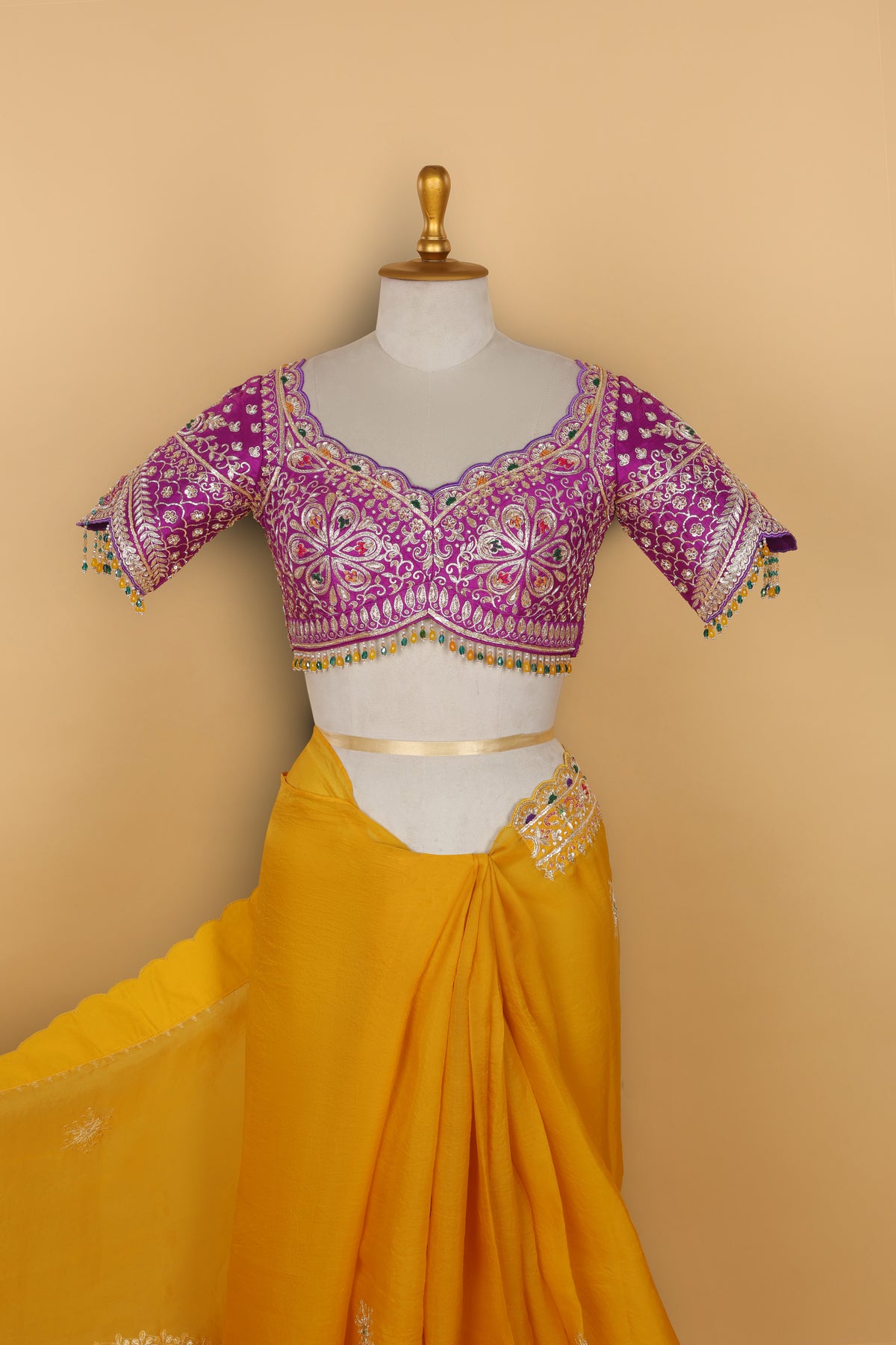 Purple Organza Saree with Gharchola Pallu and Pre-Stitched Blouse