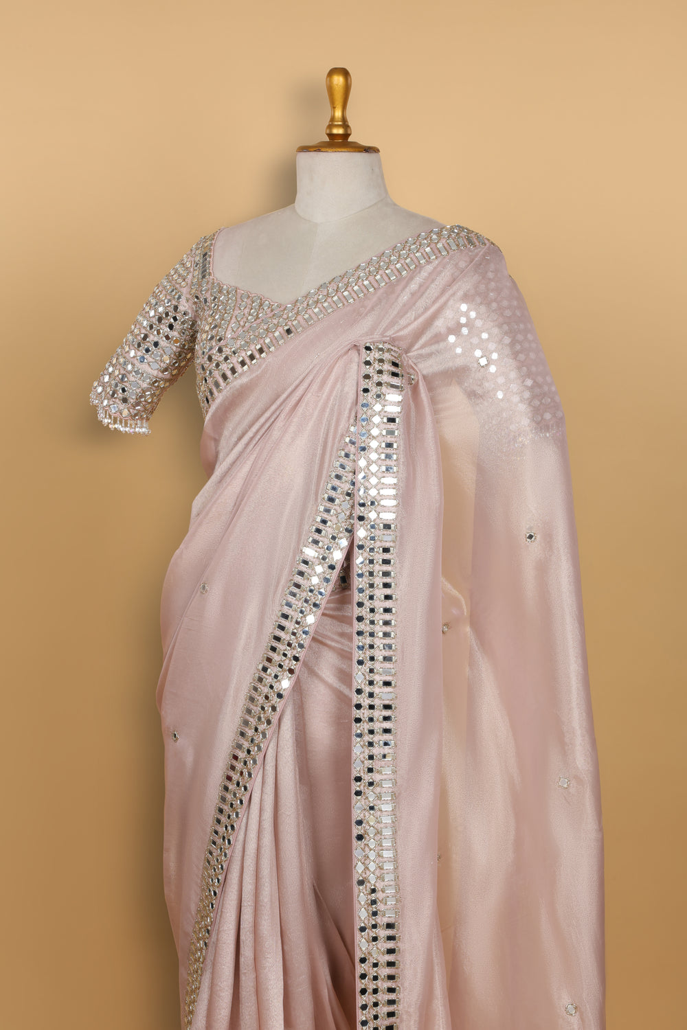 Onion Peach Tissue Saree with Handwork and Pre-Stitched Blouse