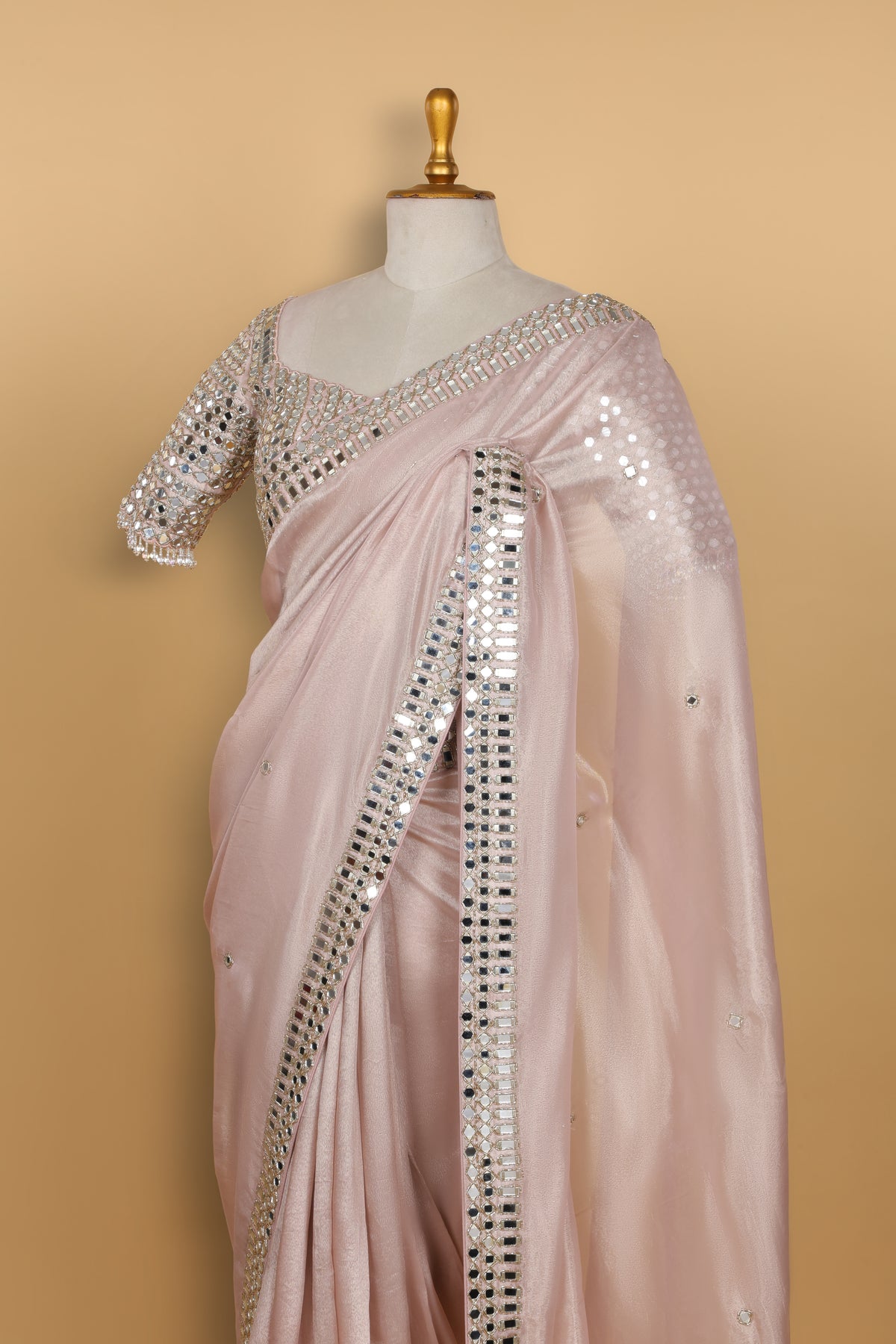 Onion Peach Tissue Saree with Handwork and Pre-Stitched Blouse