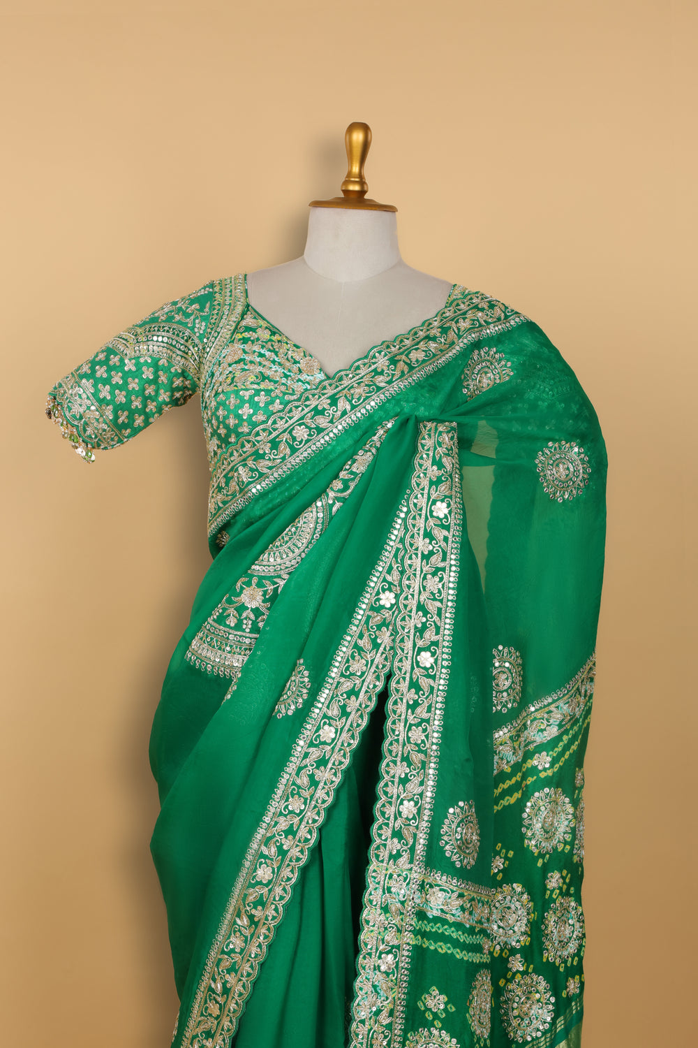Dark Green Organza Saree with Gharchola Pallu and Pre-Stitched Blouse