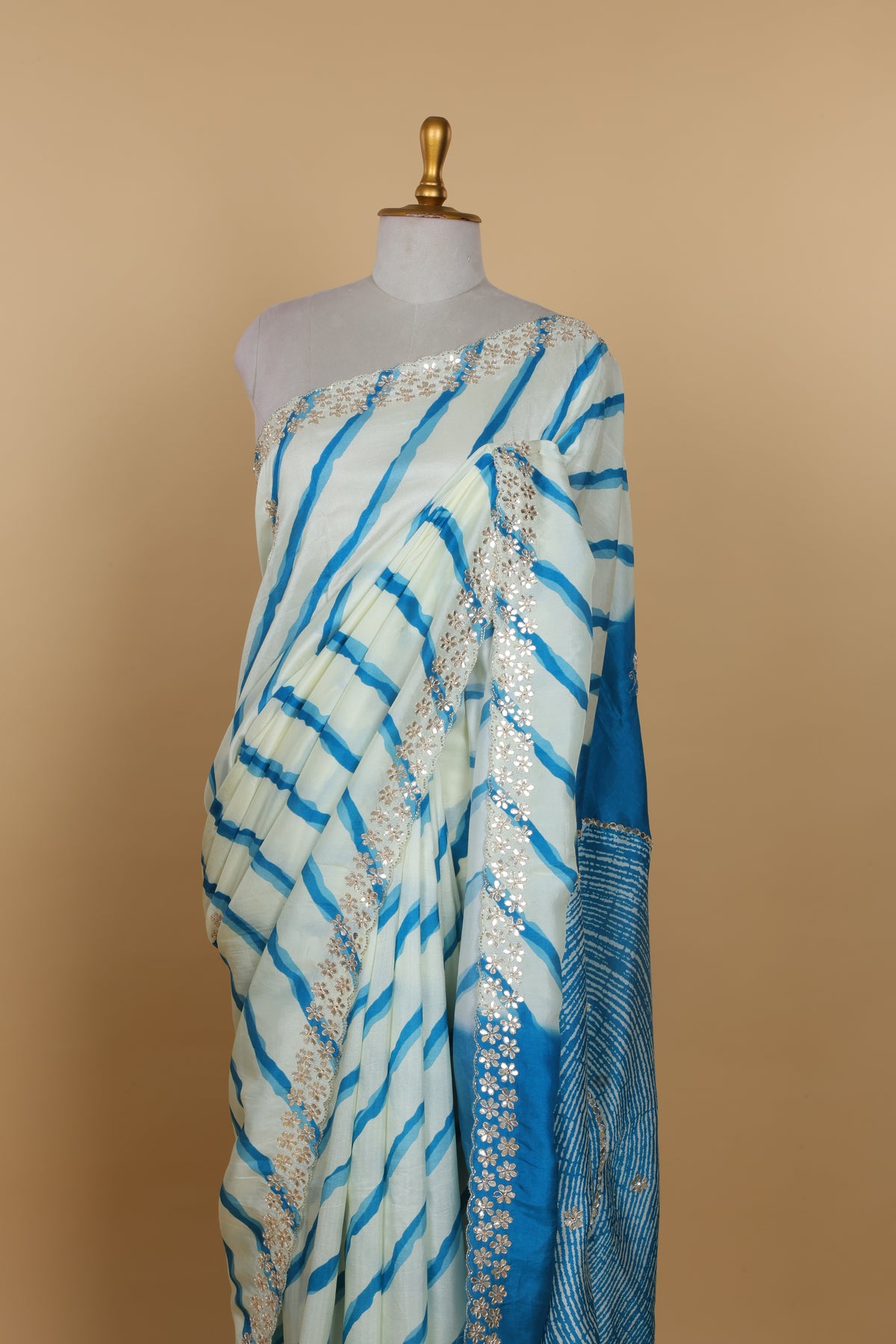 Blue and Ivory Leheriya Russian Silk Saree