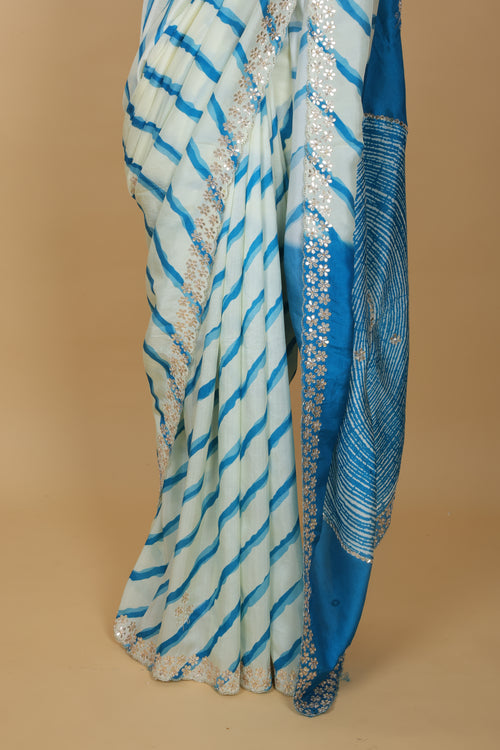 Blue and Ivory Leheriya Russian Silk Saree