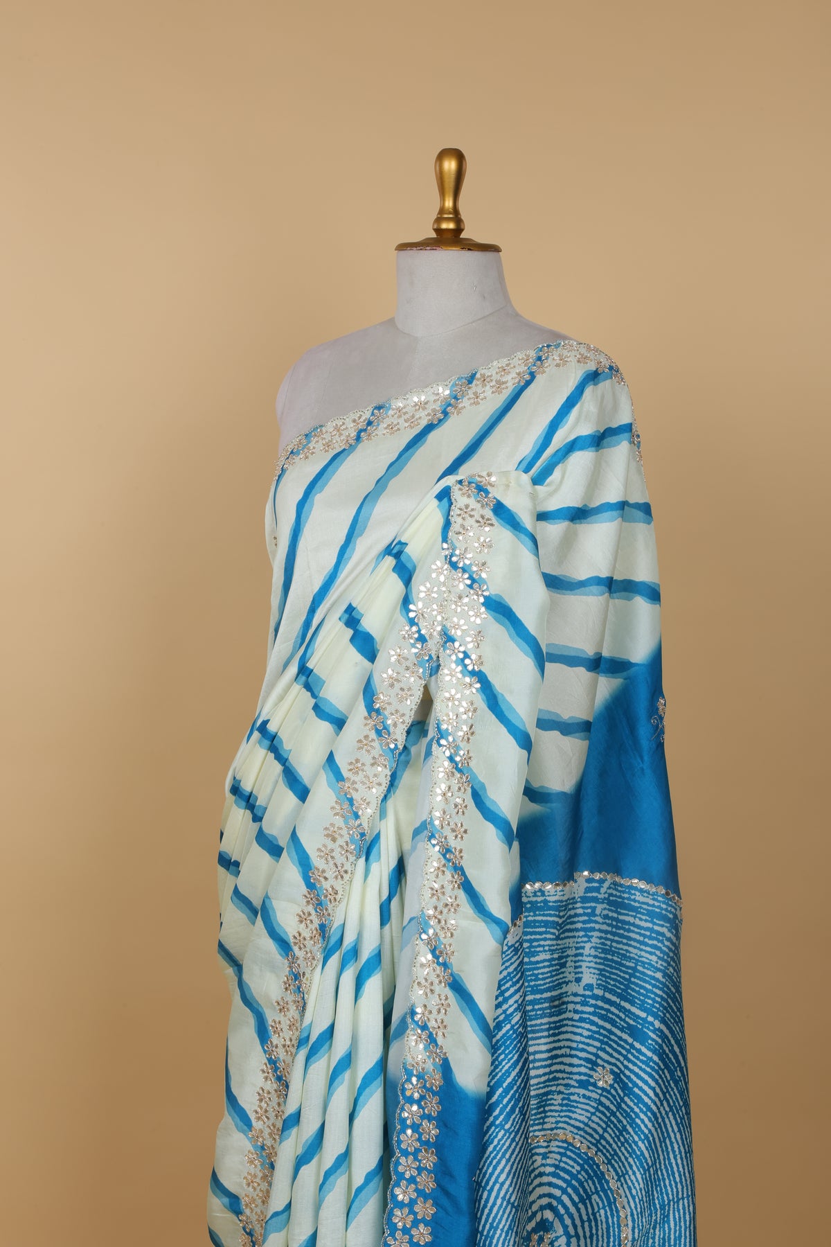 Blue and Ivory Leheriya Russian Silk Saree